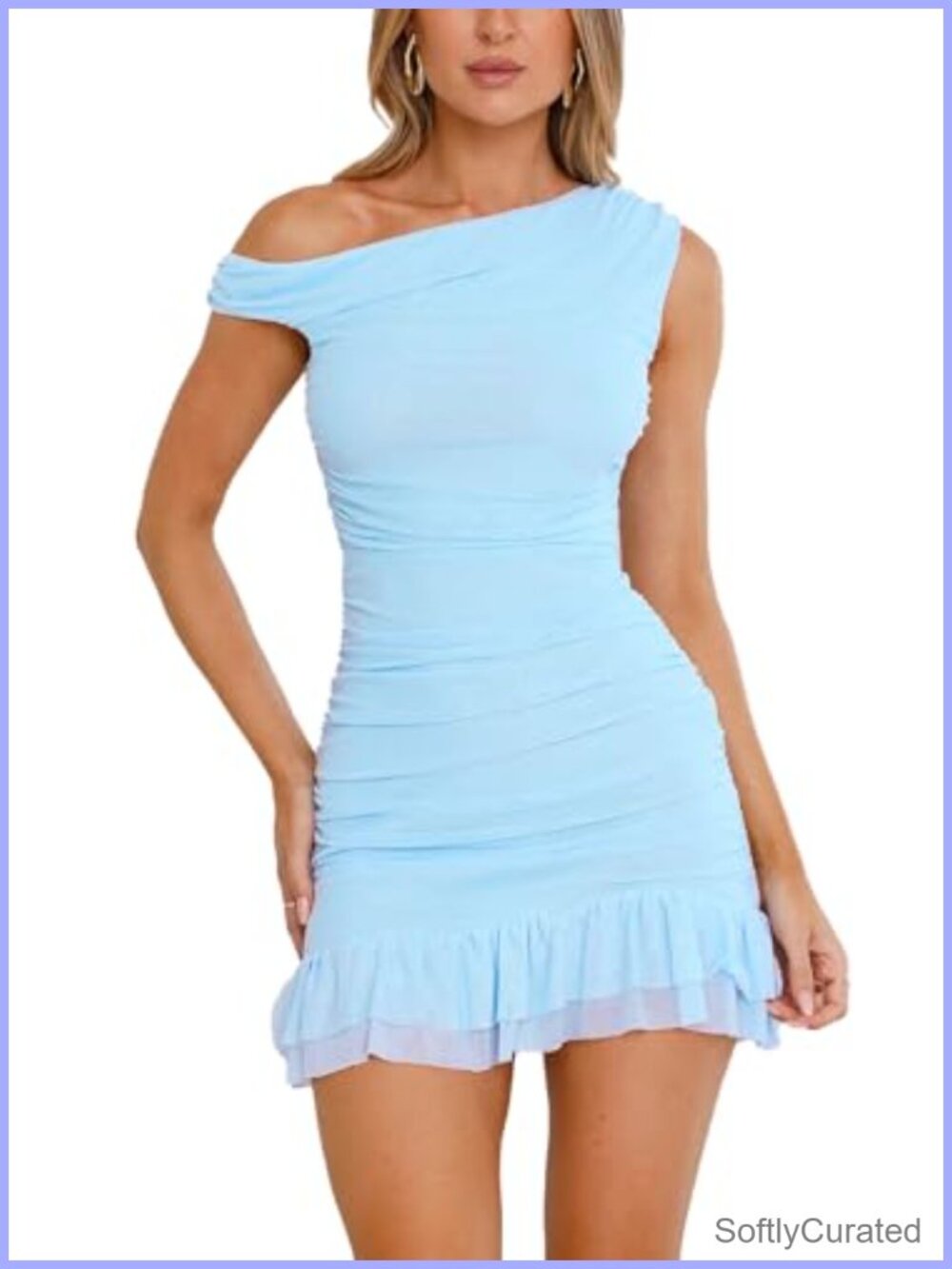 Off Shoulder Bodycon Mini Dress Mesh Ruched Ruffle Hem Club Party Sleeveless